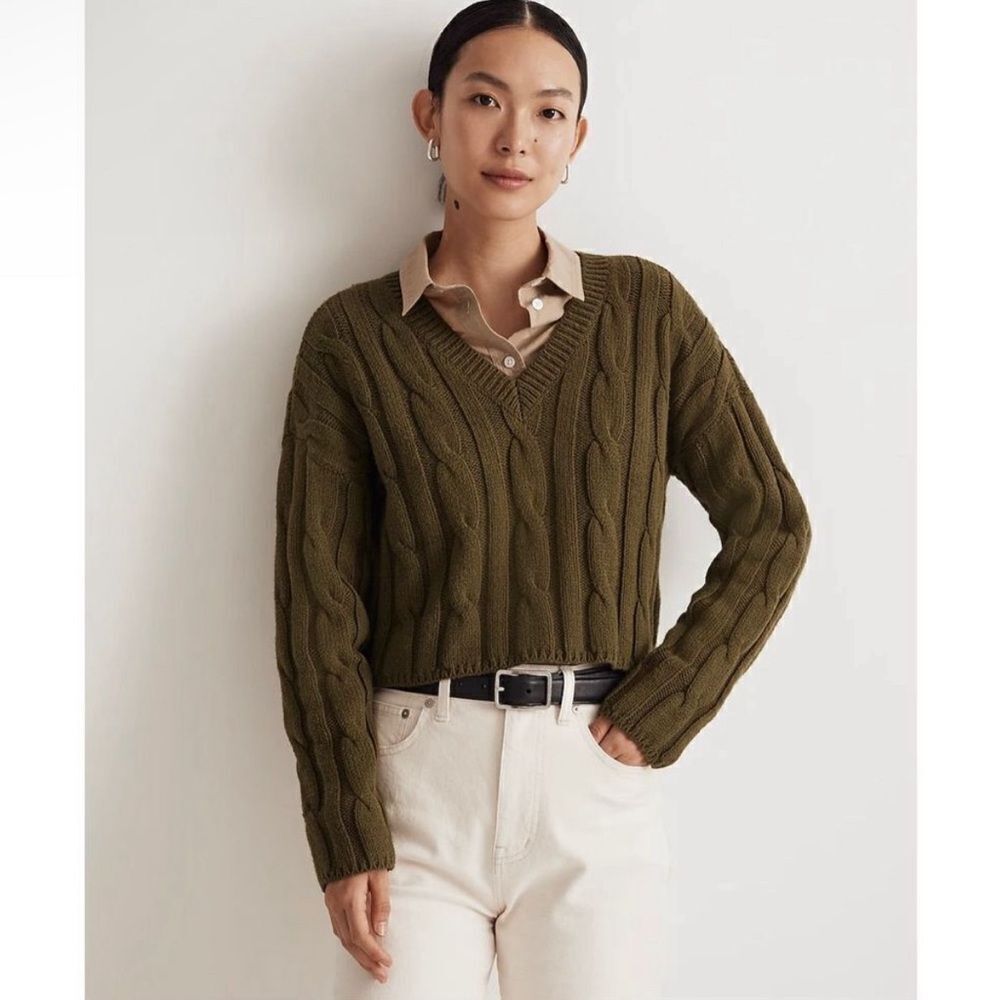 2 Sweaters! Madewell Olive V-Neck Sweater + Cream Ralph Lauren Sweater. GUC